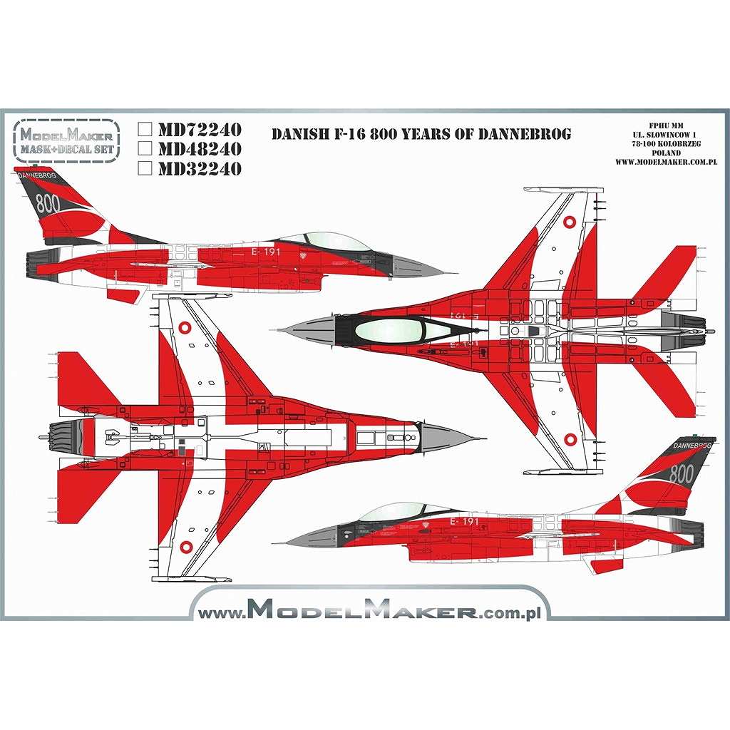 【新製品】モデルメーカーデカール D48240 デンマーク空軍 F-16AM ダンネブロ(デンマークの国旗)800周年