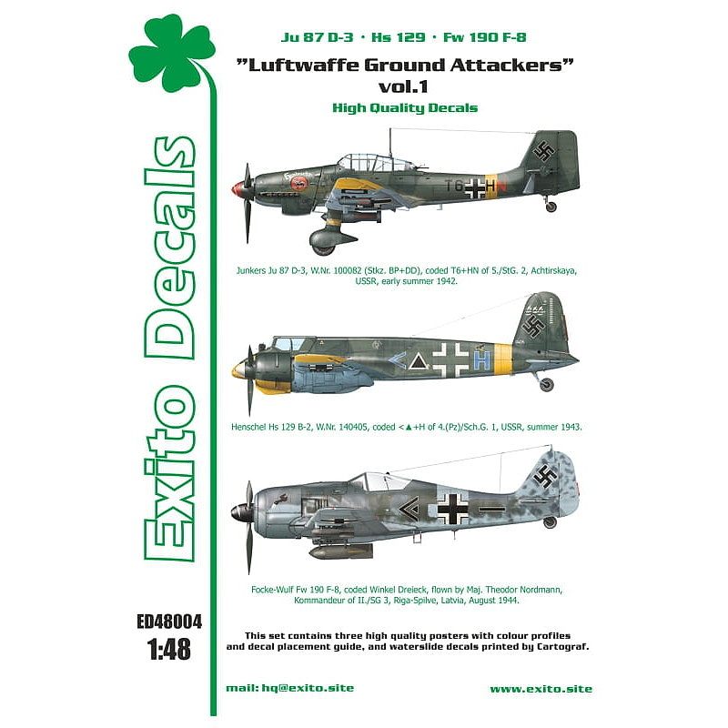 【新製品】Exito Decals 48004 Ju87D-3、Hs129、Fw190F-8 ドイツ空軍地上攻撃機 Vol.1