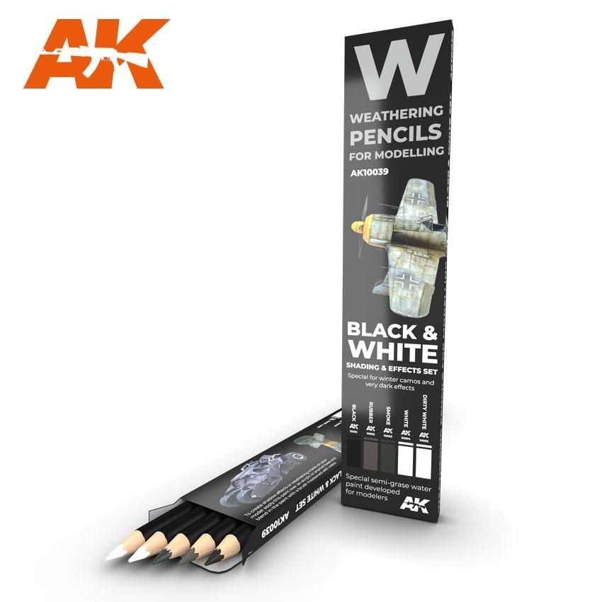 AK10039 ウェザリングペンシル ブラック&ホワイト シェーディング&エフェクト5色セット
