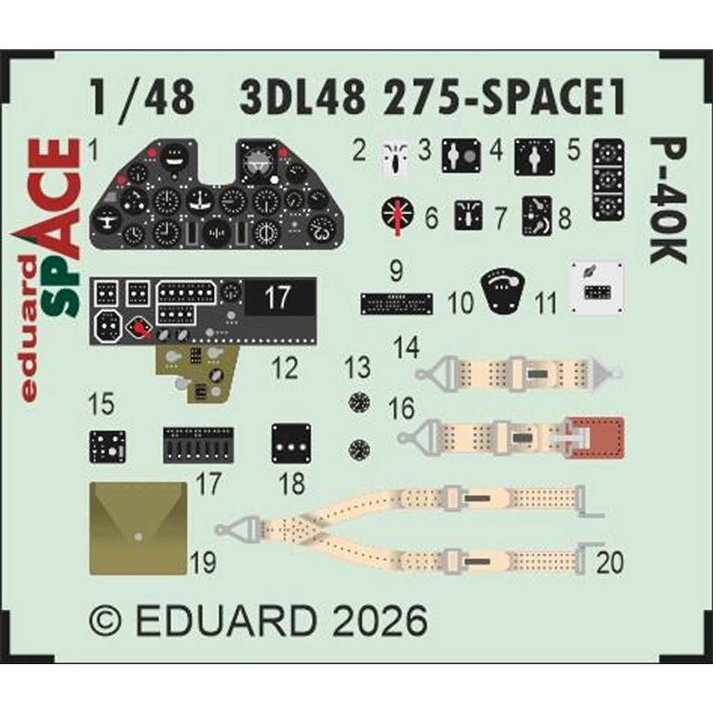 【新製品】3DL48275 1/48 カーチス P-40K ウォーホーク スペース内装3Dデカール w/エッチングパーツセット (エデュアルド用)