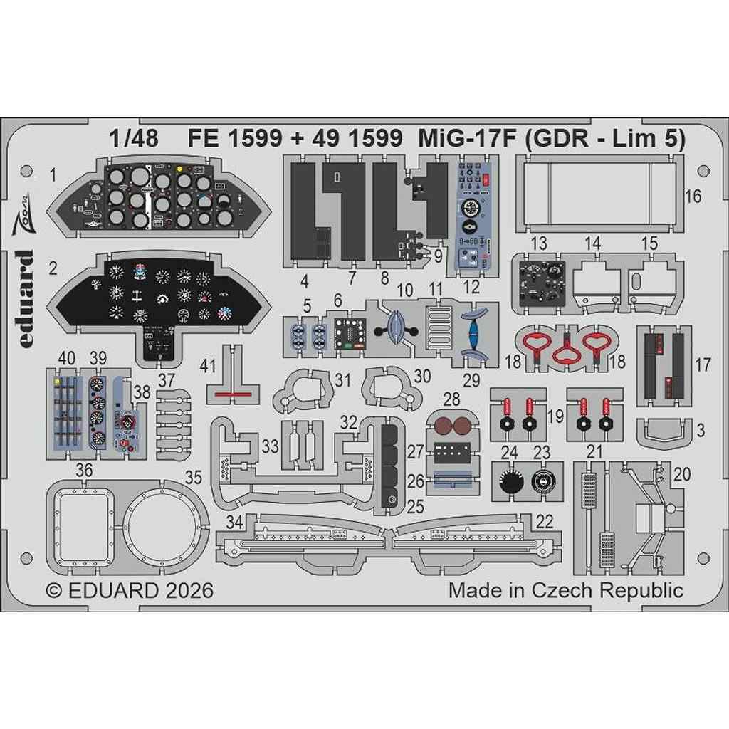 【新製品】FE1599 塗装済 1/48 MiG-17F (東ドイツ軍仕様/Lim-5) ズームエッチングパーツ (キネティック用)