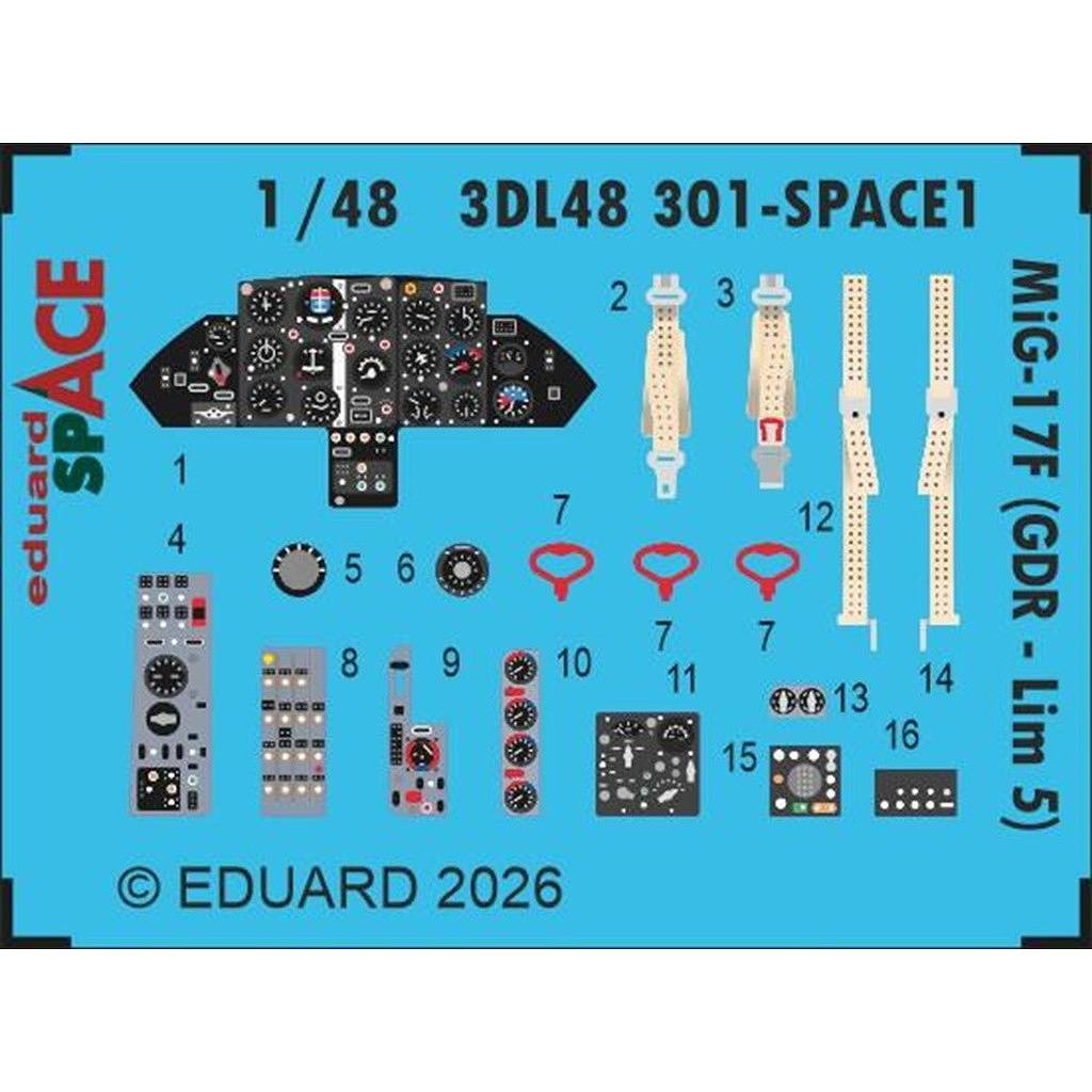 【新製品】3DL48301 1/48 MiG-17F (東ドイツ軍仕様/Lim-5) スペース内装3Dデカールw/エッチングパーツセット(キネティック用)