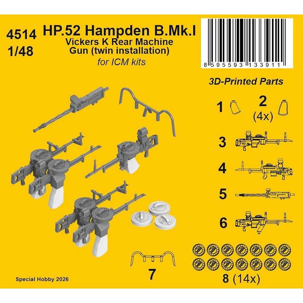 【新製品】4514 1/48 HP.52 ハンプデン B Mk.I ビッカースK機銃セット (ICM用)
